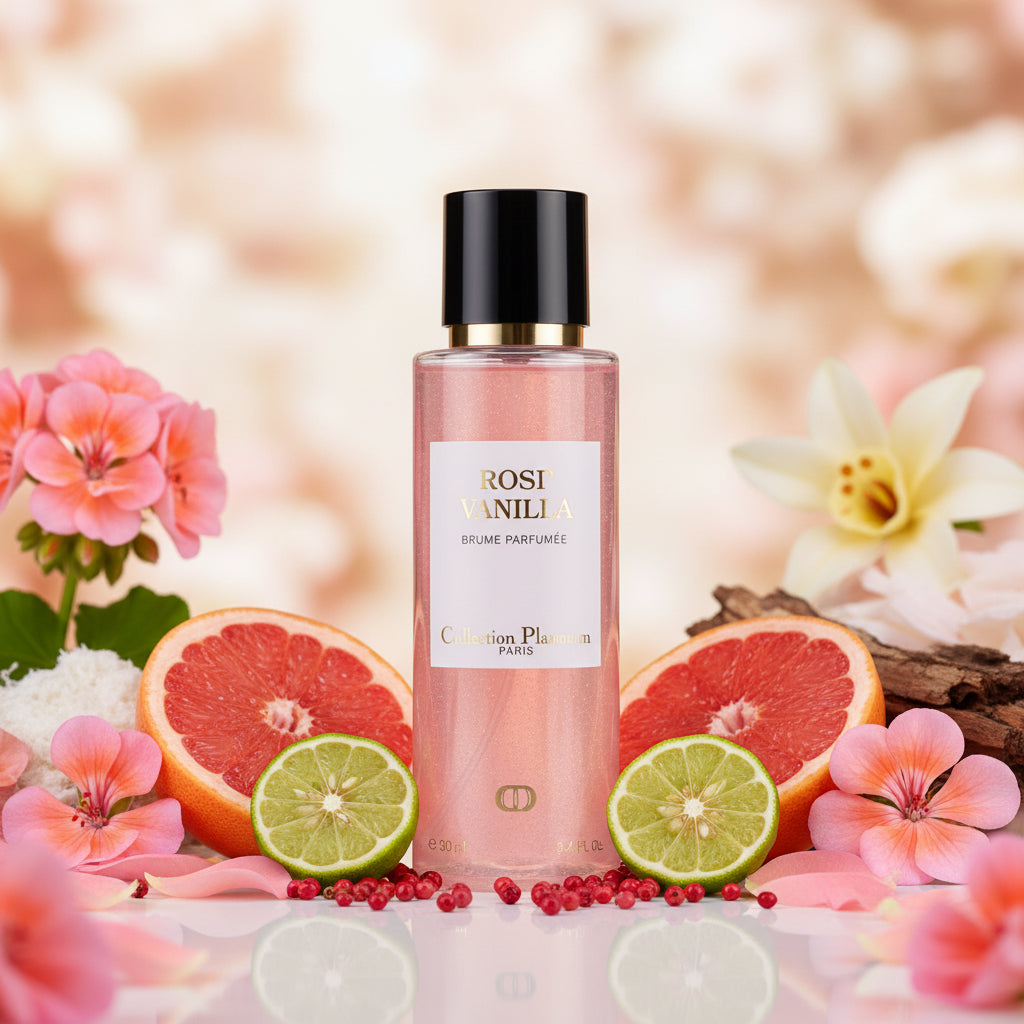Brume pailletée Rose Vanilla 250 ml Collection Platinium inspiration du Roses Vanille de la maison Mancera