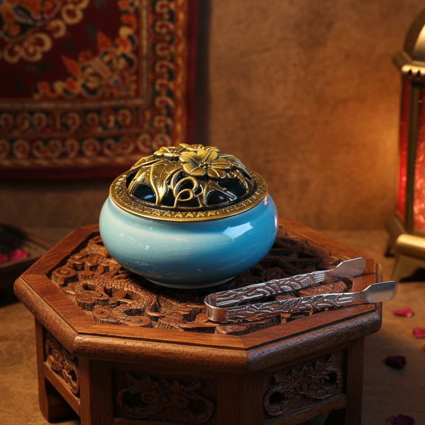 Encensoir en céramique bleu turquoise