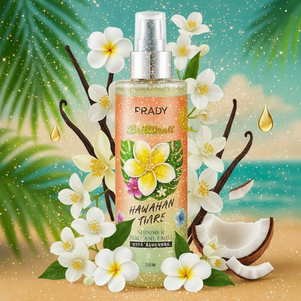 Brume parfumée et pailletée corps et cheveux “Fleur de thiaré” – Prady
