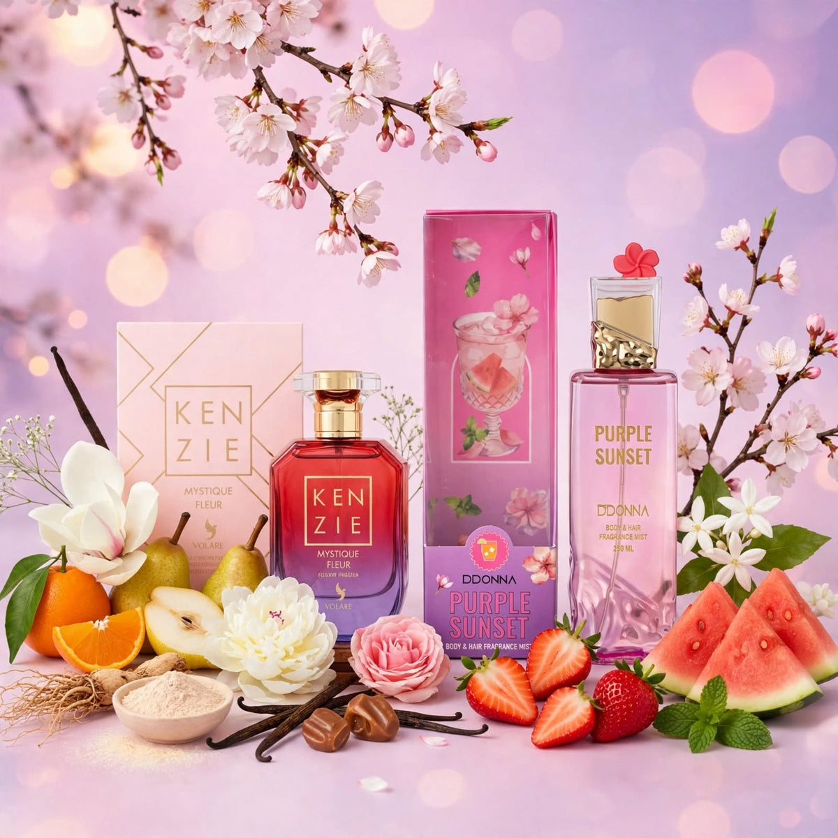 Duo Fruité Floral : Eau de Parfum Kenzie Mystique Fleur & Brume Purple Sunset D'DONNA
